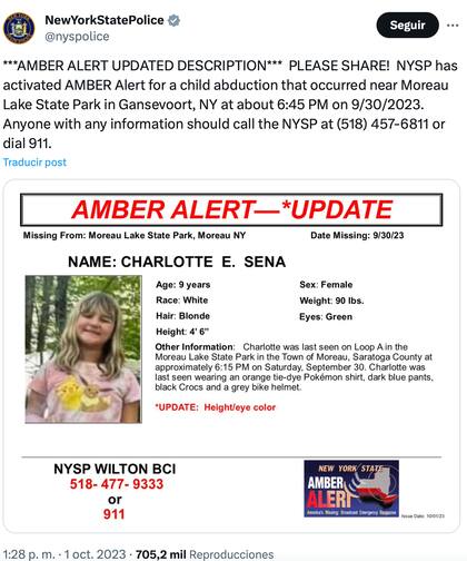 La policía de Nueva York dio a conocer la Alerta Amber