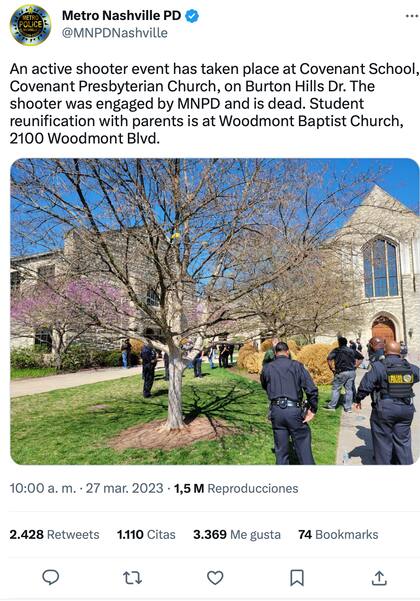 La Policía Metropolitana de Nashville a través de un mensaje de Twitter