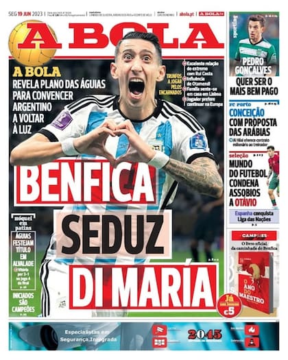 La portada de A Bola, el diario deportivo de Portugal que informa sobre la llegada de Di María a Benfica
