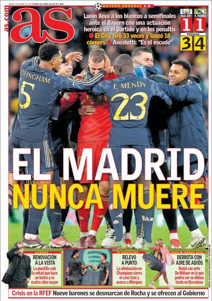 La portada de As, tras la victoria de Real Madrid sobre Manchester City