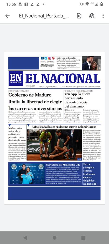 La portada de El Nacional en su versión digital