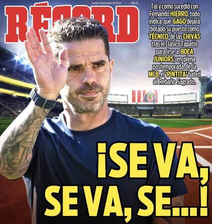 La portada de este jueves del diario Récord, que supone que la salida de Gago es inminente en Guadalajara, rumbo a Boca.