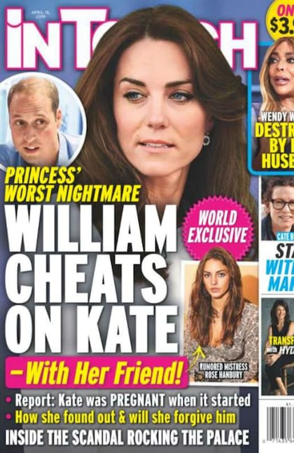 La portada de este mes de la revista de chimentos norteamericana In Touch; "Guillermo engaña a Kate ¡con su amiga!", dice el título