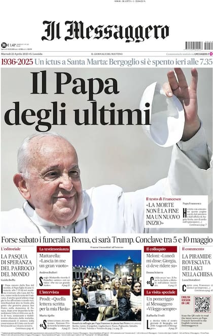 La portada de Il Messaggero sobre la muerte del papa Francisco