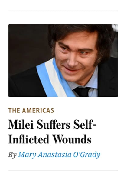 La portada de la columna de opinión sobre Javier Milei en The Wall Street Journal