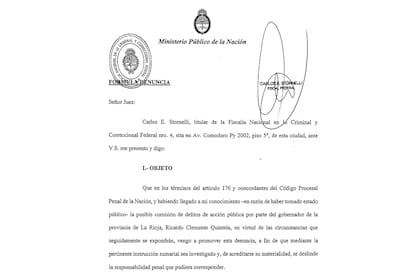 La portada de la denuncia de Stornelli contra Quintela
