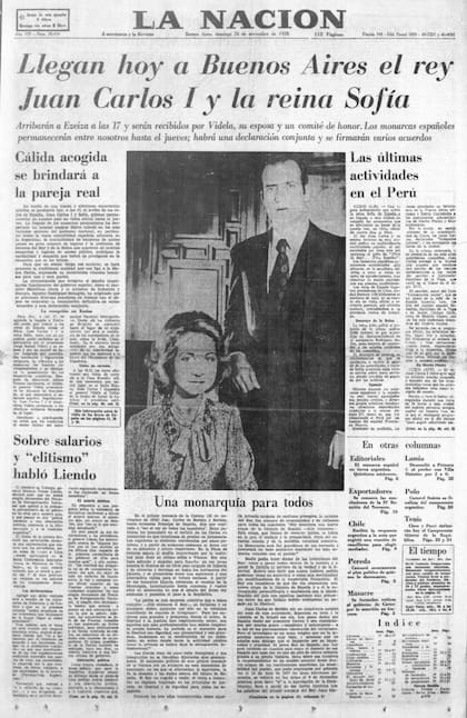 La portada de La Nación anuncia la llegada de los reyes de España el 26 de noviembre de 1978