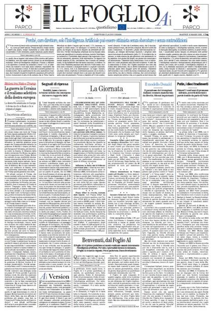 La portada de la primera edición impresa de Il Foglio AI. Crédito: EL PAÍS.