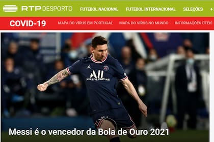 La portada de RTP, de Portugal, que dio por confirmado el triunfo del argentino Lionel Messi en la compulsa por el Balón de Oro