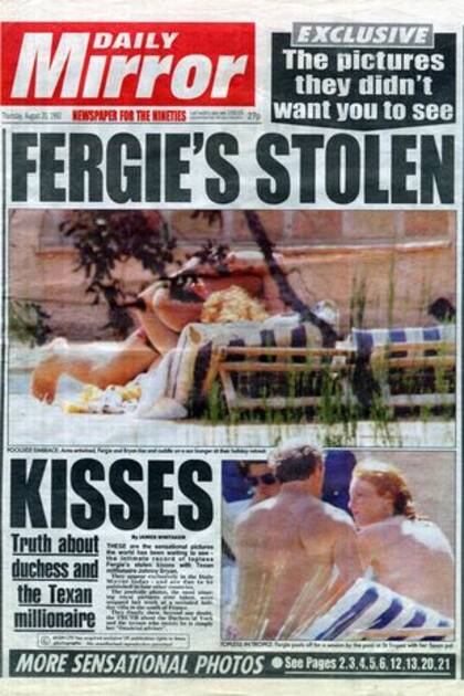 La portada del Daily Mirror del jueves 20 de agosto de 1992 que desató el escándalo. Nunca antes un miembro de la Familia Real británica había sido expuesto de esa manera