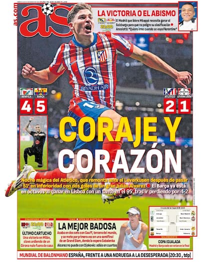 La portada del diario As, de Madrid, con Julián Álvarez en primer plano, tras sus dos goles ante Bayer Leverkusen, por la Champions League