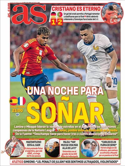 La portada del diario As, de Madrid, con la información sobre la negociación por Mastantuono en la banda inferior