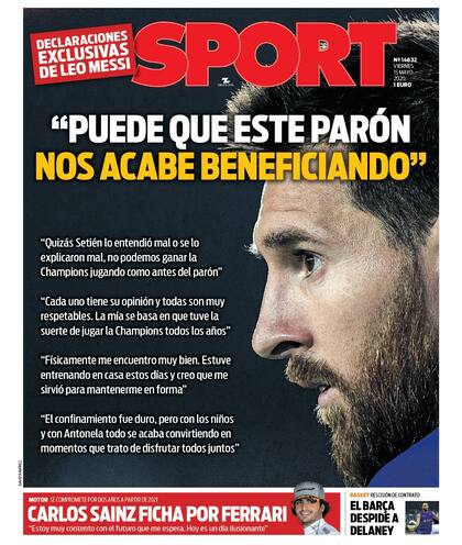 La portada del diario catalán Sport, con la entrevista a Messi