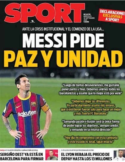 El adelanto de la portada de Sport con la entrevista a Messi que será publicada este miércoles
