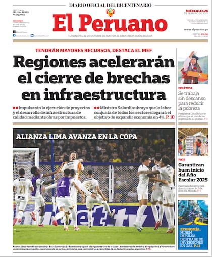 La portada del diario El Peruano destaca el triunfo de Alianza Lima ante Boca
