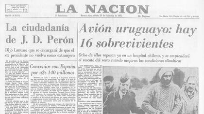 La portada del diario LA NACION el día del rescate en 1972