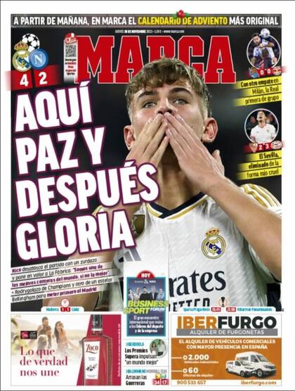 La portada del diario Marca que elogia a Nico Paz tras su primer gol con la camiseta de Real Madrid