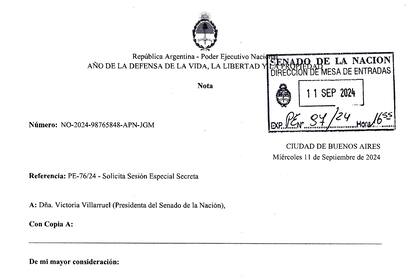 La portada del pedido de sesión secreta del Senado, que hizo el oficialismo