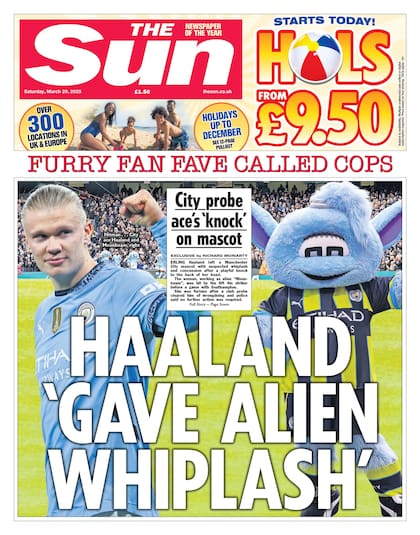 La portada del sensacionalista diario inglés The Sun, en la que consigna el incidente entre Haaland y la mascota de Manchester City