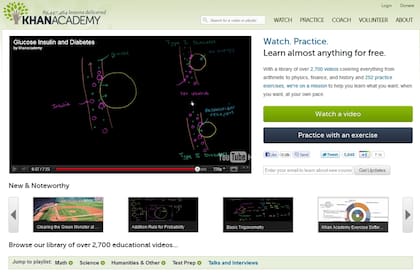 La portada del sitio de la Khan Academy, que resume todos los tutoriales elaborados por Salman Khan