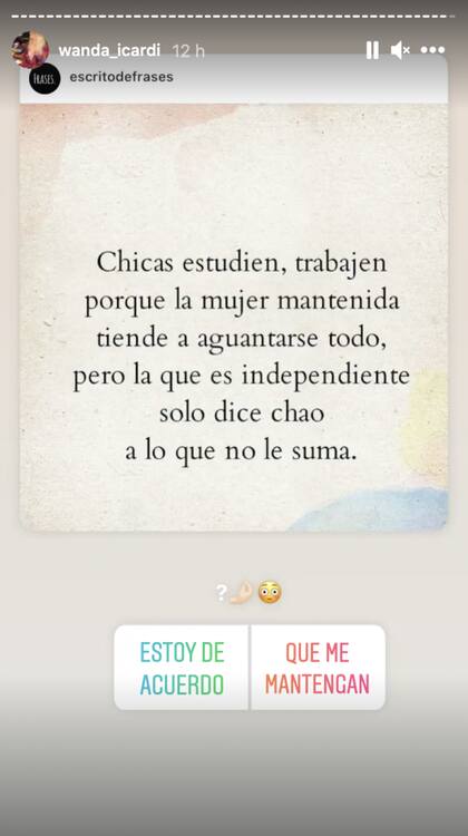 La pregunta que realizó Wanda sobre las mujeres "mantenidas". Fuente: Instagram