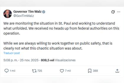 La preocupación de Walz sobre la operación que se llevó a cabo en St. Paul esta semana