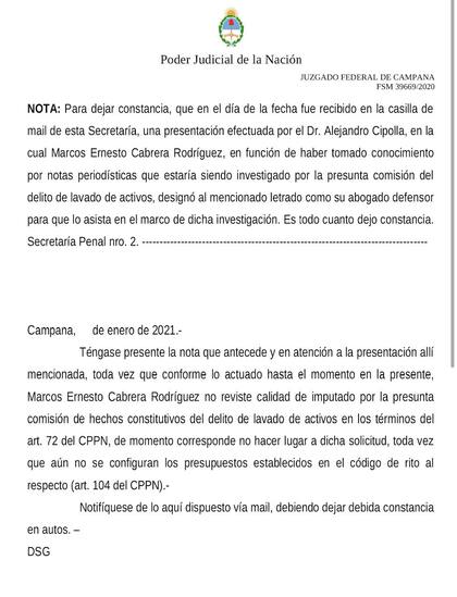 La presentación de Cipolla ante la Justicia.