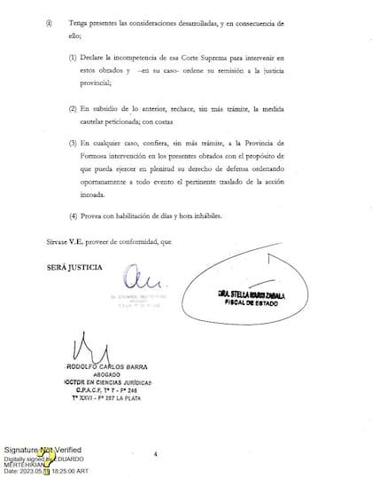 La presentación de Formosa ante la Corte Suprema de mayo de 2025, firmada por Rodolfo Barra