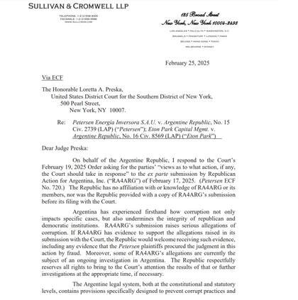 La presentación que hizo la Procuración del Tesoro, a través del estudio Sullivan & Cromwell