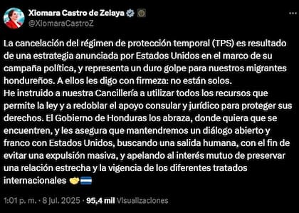 La presidenta Castro calificó la medida de EE.UU. contra el TPS como "un duro golpe" a los migrantes hondureños