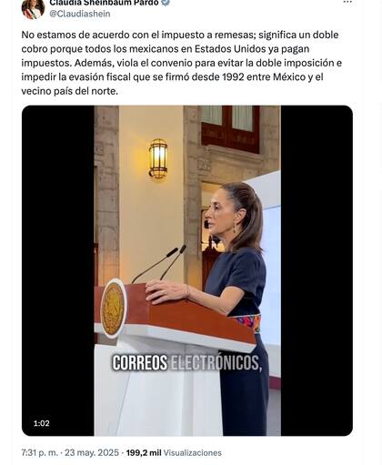 La presidenta de México, Claudia Sheinbaum, se manifestó en contra del impuesto a las remesas