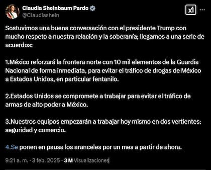 La presidenta de México enumeró los acuerdos a los que llegó con su homónimo en Estados Unidos