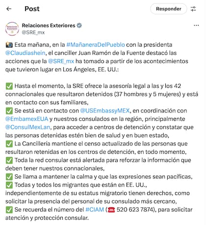 La presidenta mexicana aseguró que pidió a los consulados mexicanos prestar ayudar a los connacionales detenidos. Foto: X SRE México