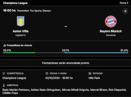 La previa de Aston Villa vs. Bayern Munich, por la Champions League 2024/25