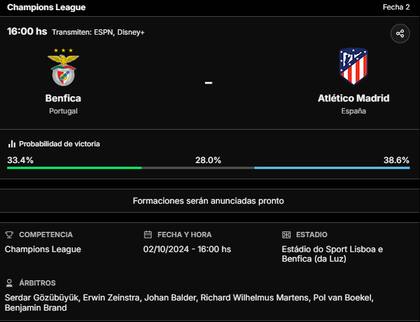 La previa de Benfica vs. Atlético Madrid, por la Champions League 2024/25