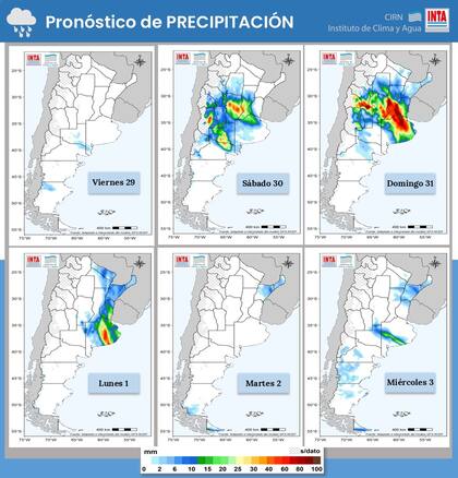 La previsión de lluvias hasta el 3 del mes próximo