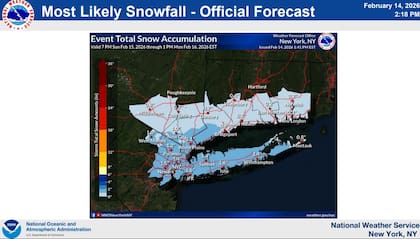 La previsión de nevadas del Servicio Nacional de Meteorología en Nueva York para el sábado 14 y domingo 15 de febrero