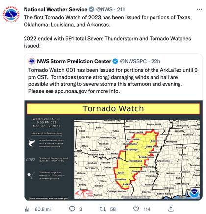 La primera alerta de tornado de 2023 se emitió para partes de Texas, Oklahoma, Luisiana y Arkansas