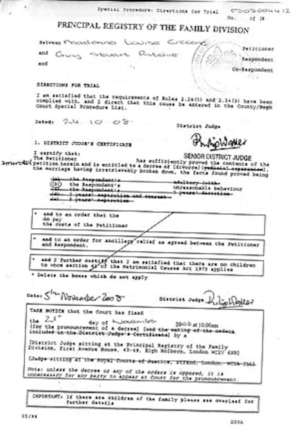 La primera hoja del acta de divorcio