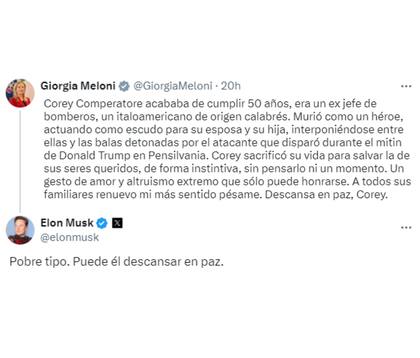 La primera ministra de italia se lamentó por la muerte de Corey Comperatore; Elon Musk respondió el posteo