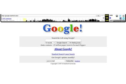 La primera página de Google resguardada por el invalorable sitio Archive.org, del 11 de noviembre de 1998; el dominio todavía está hospedado en la universidad de Stanford