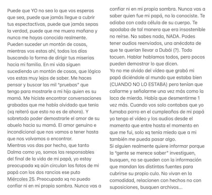 La primera parte del descargo de Gianinna Maradona contra los dichos de Luis Ventura. (Foto: Instagram/@giamaradona)
