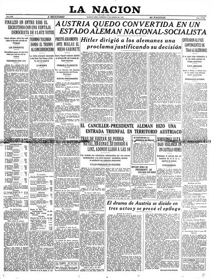 La primera plana de La Nación informa sobre la anexión del territorio austríaco a Alemania, un hecho histórico conocido como Anschluss, que pondría en peligro la vida de Schwarzenberg