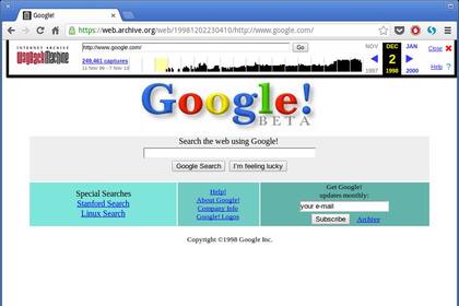 La primera portada de Google, vista por The Internet Wayback Machine de archive.org