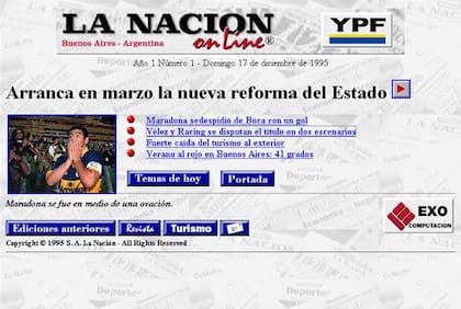 La primera portada de lanacion.com (17 de diciembre de 1995)
