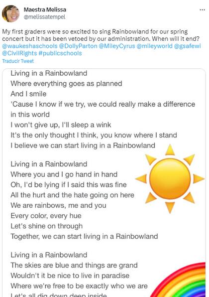 La profesora Melissa Tempel compartió la situación del veto a través de sus redes sociales y publicó la letra entera de la canción