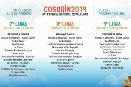 La programación del festival folclórico de Cosquín 2019