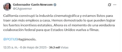 La propuesta de Newsom implicaría la intervención del gobierno federal para impulsar la producción cinematográfica y televisiva en Estados Unidos