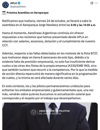 La protesta fue convocada por la Asociación de Pilotos de Líneas Aéreas (APLA)