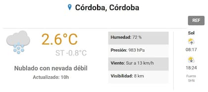 La provincia de Córdoba amaneció con una "nevada débil" según el SMN